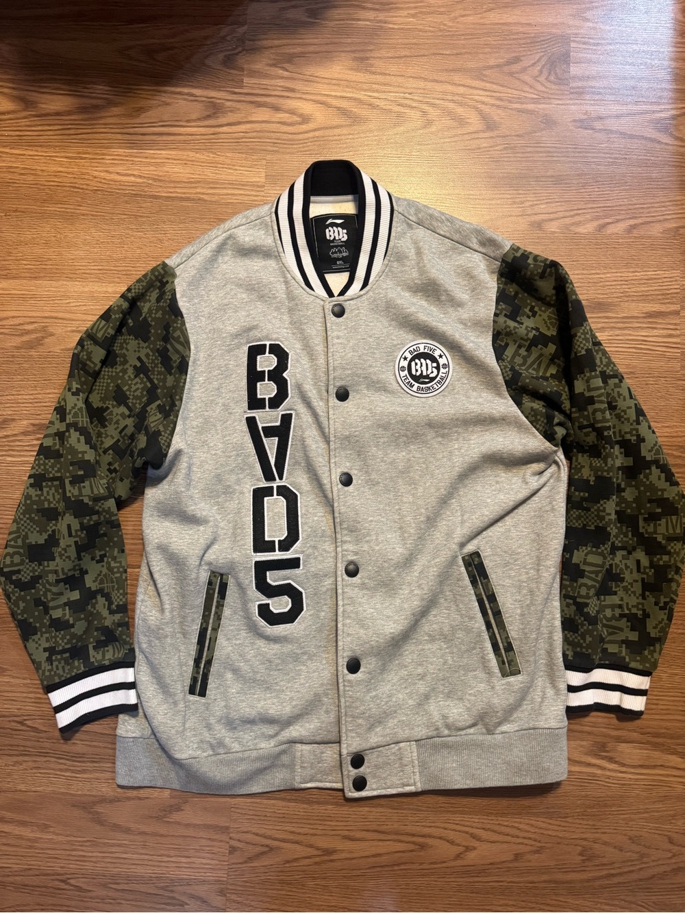 Bad Five Team Basketball Men’s Grey & Olive Camo Letterman Jacket